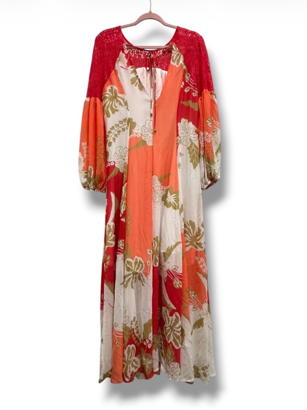 Sunday Up Lace Yoke Boho Maxi Dress Coral Floral Flowy S